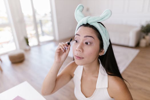A young woman with long hair applies mascara in a well-lit room, wearing a headband.