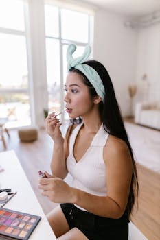 Asian woman applying makeup in a bright room near a window with pastel colors.