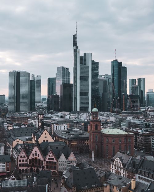 Free A stunning view of Frankfurt's skyline, showcasing modern skyscrapers and historic architecture. Stock Photo