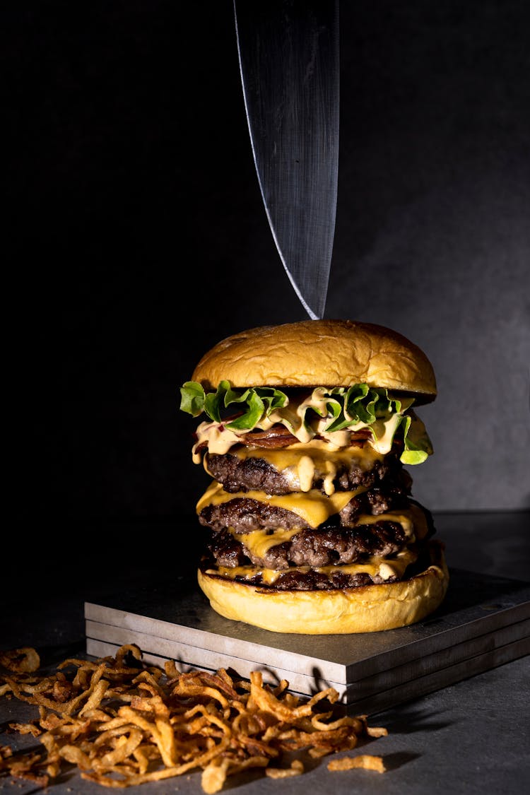 Delicious Huge Burger On Board On Grey Background