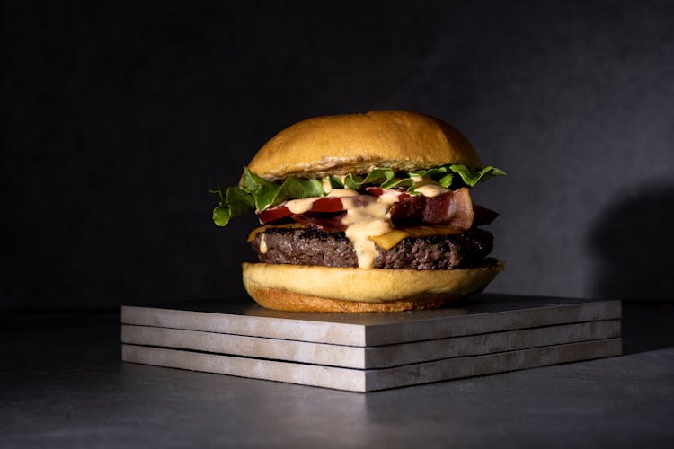 Tasty Burger On Grey Studio Background