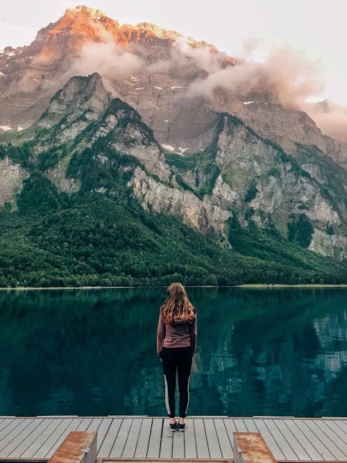 Free Back View of a Woman Standing on Brown Wooden Planks Stock Photo