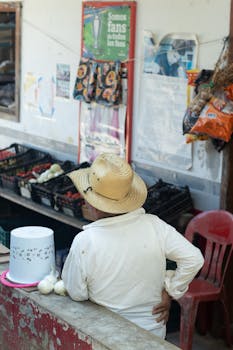 A traditional market vendor wearing a straw hat stands at an outdoor stall selling fresh produce.