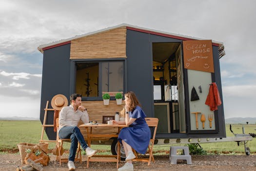 A young couple relaxing at a picnic table outside a modern tiny home in nature.