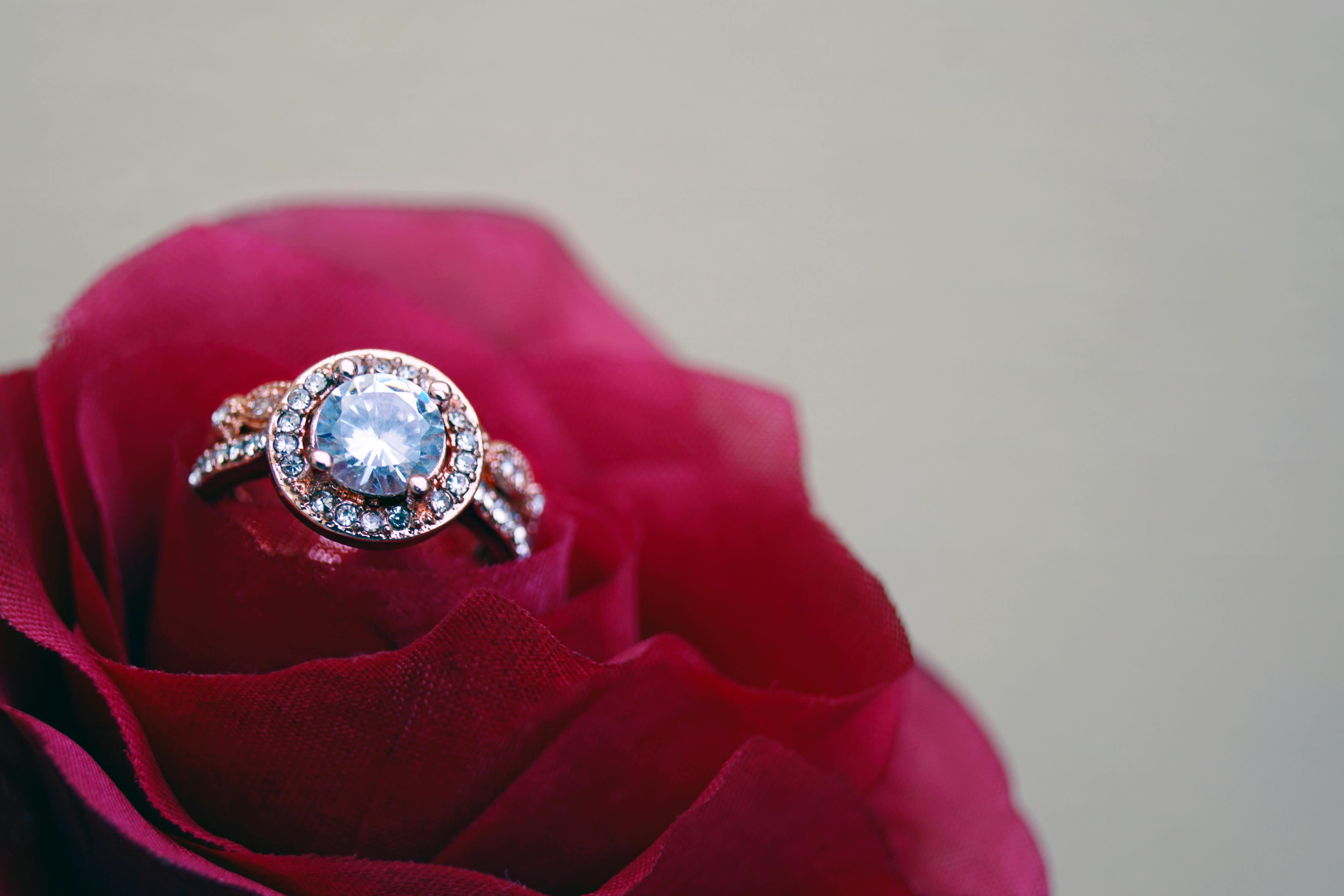 closeup photography of clear jeweled gold colored cluster ring on red rose