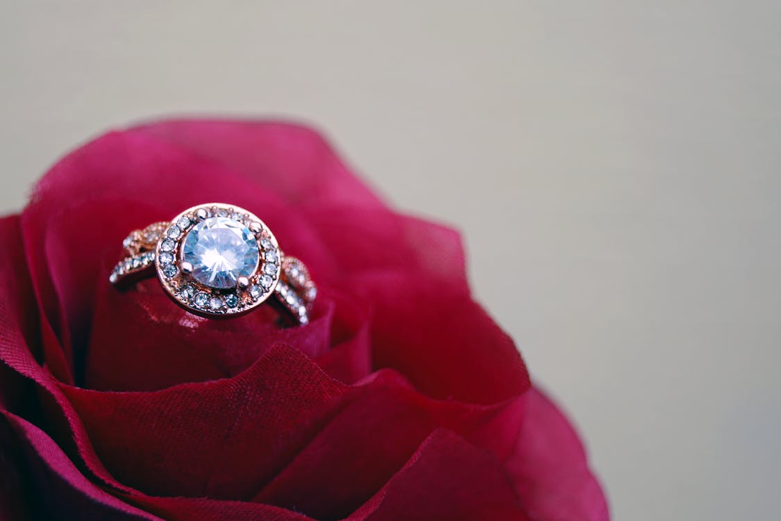 紅玫瑰上的透明珠寶金色簇狀戒指的特寫攝影