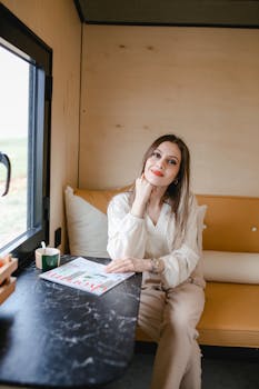 Adult woman sitting in a tiny house, smiling and enjoying free time indoors.