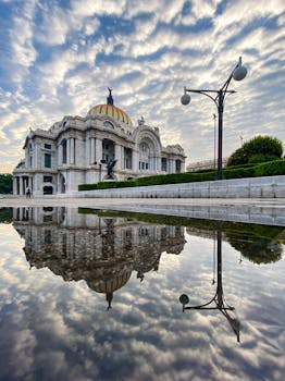 Stunning reflection of Palacio de Bellas Artes in Mexico City's serene puddle. Ideal for travel and architecture enthusiasts.