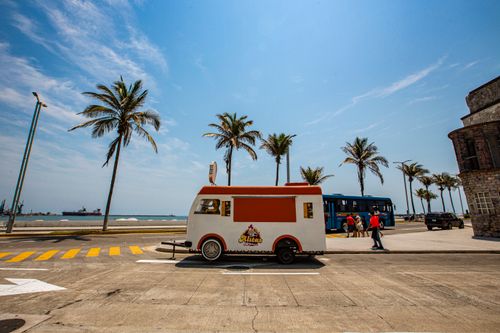 Free A colorful food truck parked by a palm-lined street in sunny Veracruz, Mexico. Stock Photo