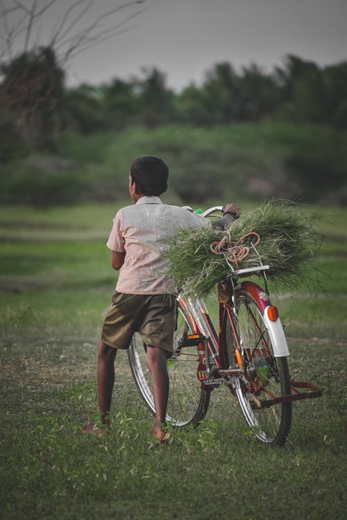 Kid Pushing a Bike on Grass Field