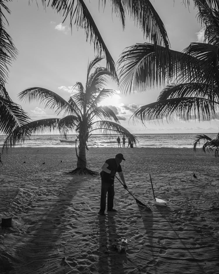 Man Cleaning Sand Beach 