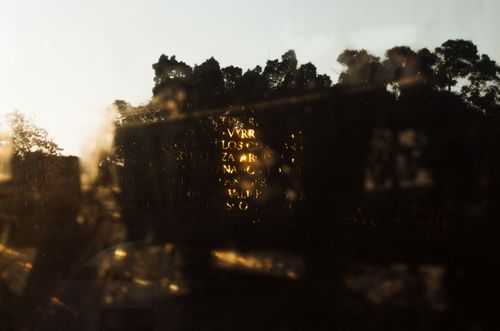 Free An abstract image of light reflections and silhouettes of trees at sunset, creating a dreamy ambiance. Stock Photo