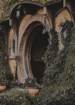 圆形木制门周围环绕着充满活力的绿色植物，呼应了霍比特人的房屋设计