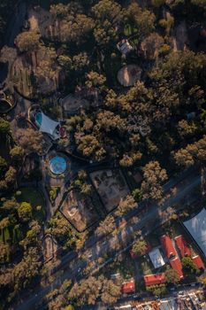 Stunning aerial view of an urban park with lush greenery and nearby buildings.