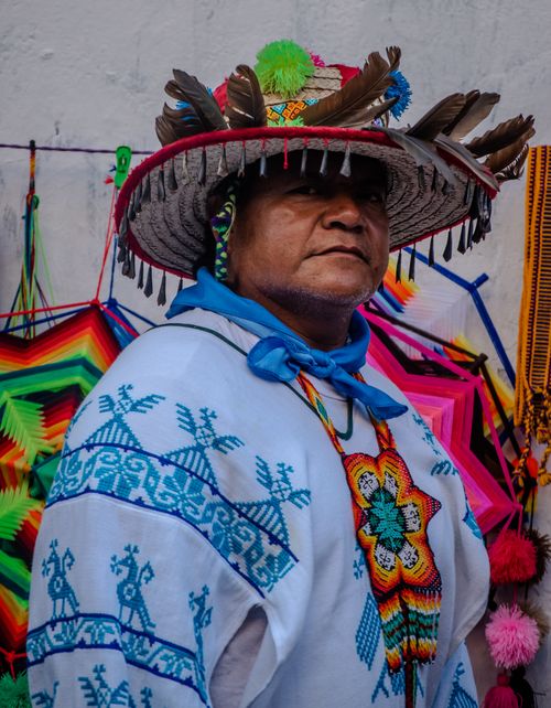 Free Man in vibrant traditional clothing with feathered hat, posing against colorful background. Stock Photo