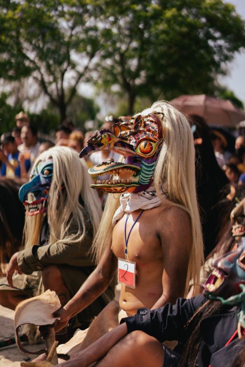 Free Colorful masks and costumes in a traditional Mexican carnival capturing the essence of cultural celebration. Stock Photo