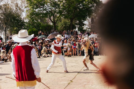 Vibrant traditional dance at a Mexican festival with performers in colorful costumes and masks.