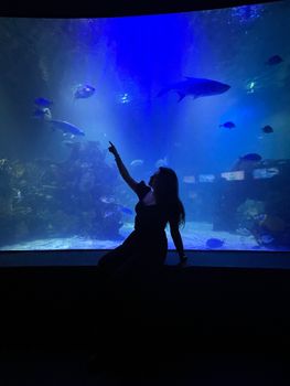 Dark silhouette of a woman pointing at fish in a large aquarium tank with blue lighting.