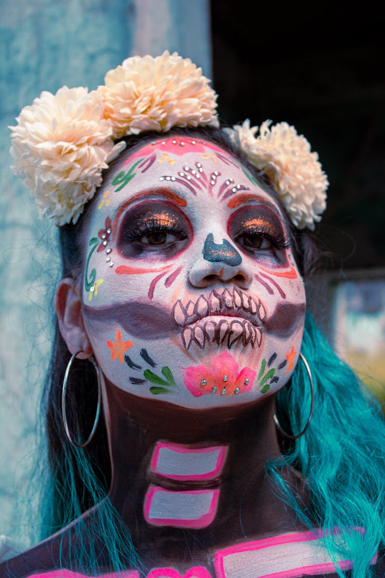 Portrait Of A Woman In Painted Mexican Carnival Mask