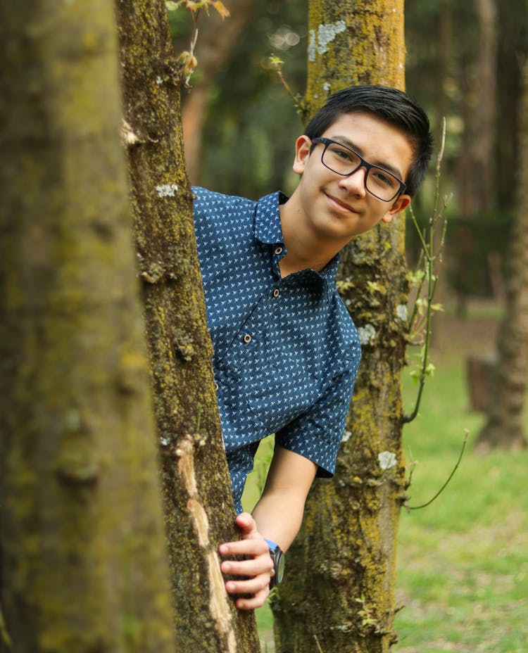 Boy Standing Beside Tree Trunks