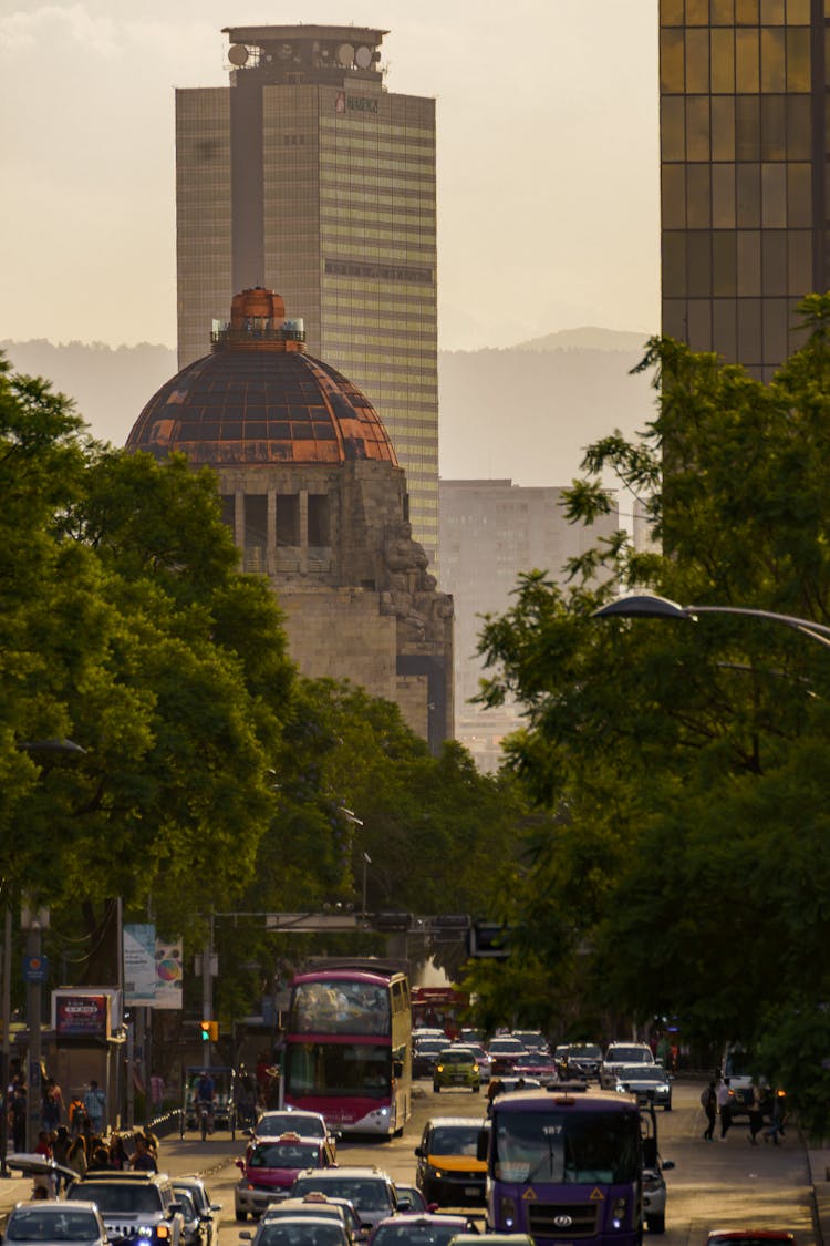 City Street And The View Of Monument To The Revolution In Mexico City, Mexico 