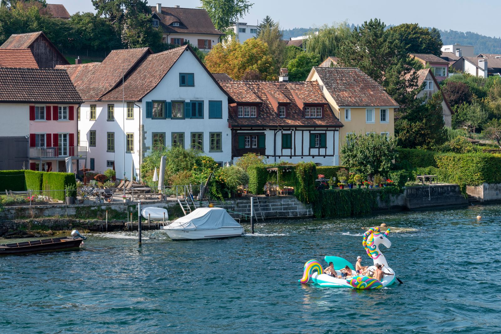 Swiss lakeside village with traditional houses on the Rhine