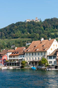 Charming view of Stein am Rhein's riverside houses under a clear summer sky.