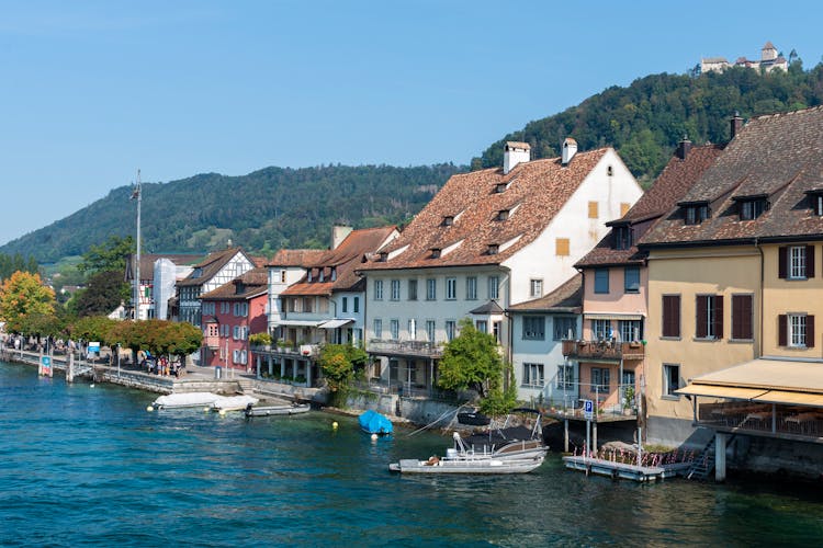 Panorama With Houses, Rhine River And Burg Hohenklingen In An Old Historic Town Stein Am Rhein In Schaffhausen, Switzerland