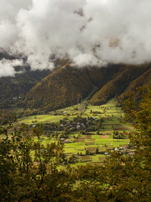 Aerial View of a Village Near the Green Mountains