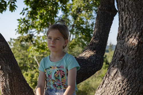Free A Girl Sitting on Brown Tree Trunk Stock Photo