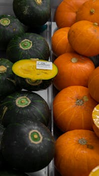 Fresh green kabocha and orange pumpkin squashes in a market display, ideal for autumn themes.