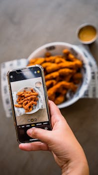 Close-up of hand photographing crispy fried chicken with a smartphone, highlighting food photography techniques.