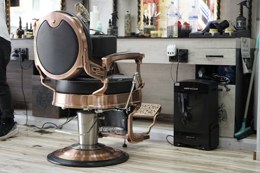 Stylish barbershop interior featuring a vintage barber chair and grooming tools, ideal for design inspiration.