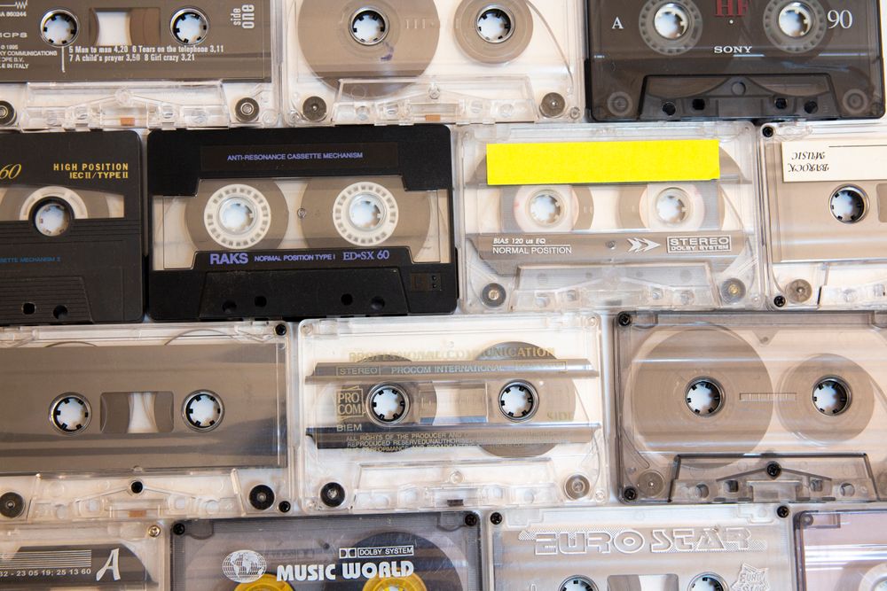 Collection of cassette tapes for a mixed-decades music theme