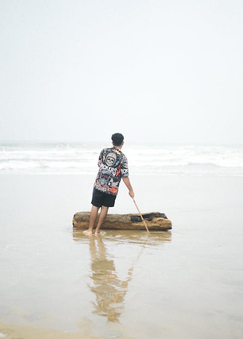 A Person Standing Near Driftwood at a Beach