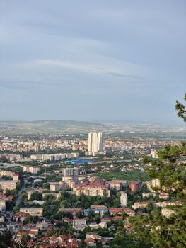 Aerial view over a sprawling cityscape featuring prominent tall buildings and lush greenery under a clear sky.