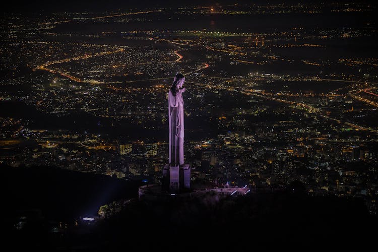 An Aerial Photography Of Christ The Redeemer At Night