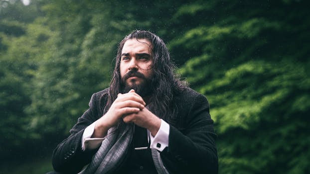 Bearded man with long hair in stylish attire sitting outdoors on a rainy day, exuding thoughtful presence.