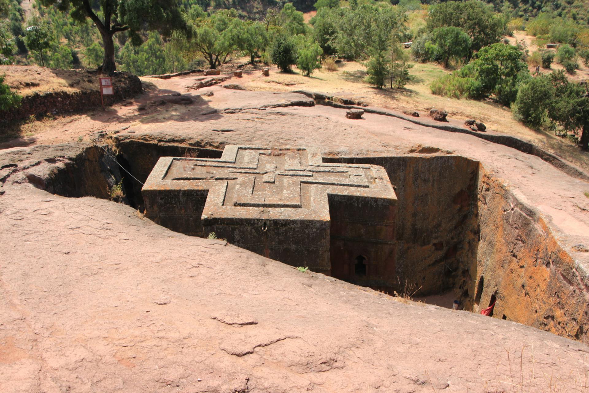 Aerial view of the iconic rock-hewn Church of Saint George in Lalibela, Ethiopia.