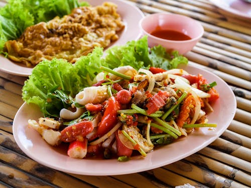 Sliced Vegetable and Cooked Food on White Ceramic Plate