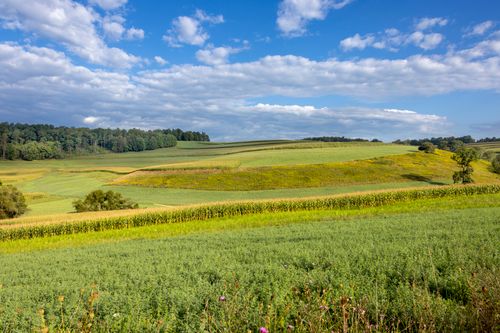 Free A peaceful, sunny landscape of rolling fields and blue skies in Pennsylvania. Stock Photo