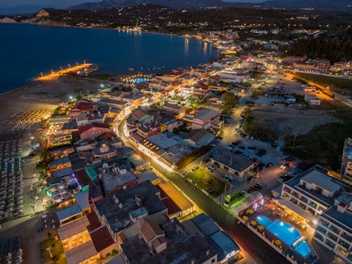 Aerial View of Illuminated in the Evening Sidari, Corfu, Greece 