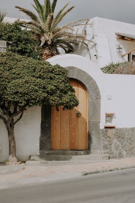 Charming rustic wooden door set in a white stucco wall with lush greenery.