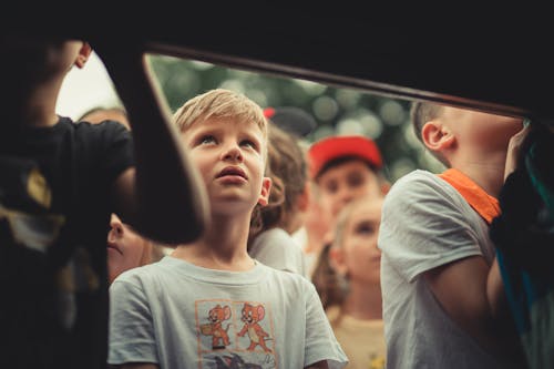 A Blond Boy Wearing White Crew Neck T-shirt Looking Up 