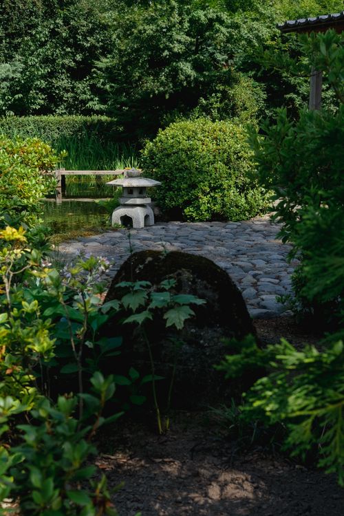 Free Tranquil Japanese garden scene featuring a stone lantern and lush greenery, perfect for meditation. Stock Photo