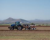 People Riding Tractor on Brown Field