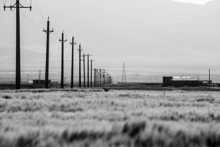 Electricity Pylons In Field In Countryside