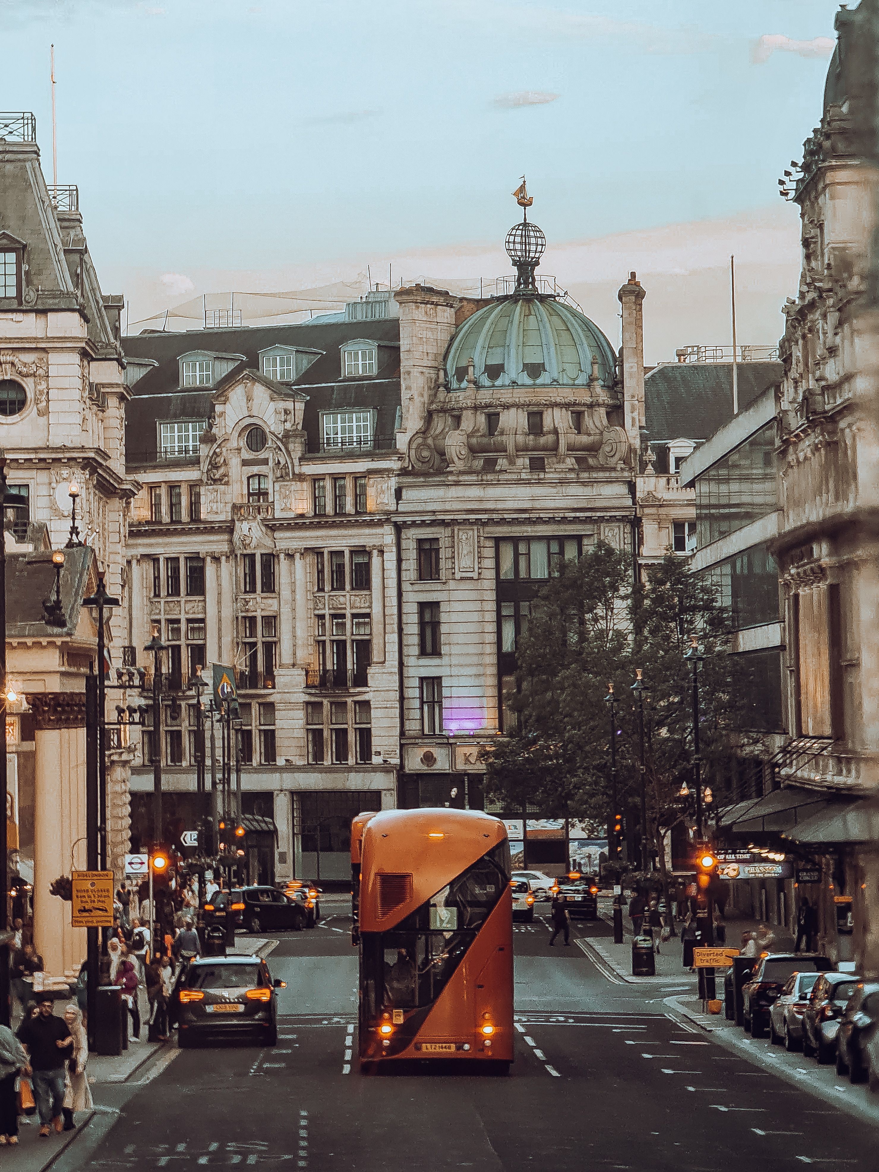 Busy London street with pedestrians and traffic