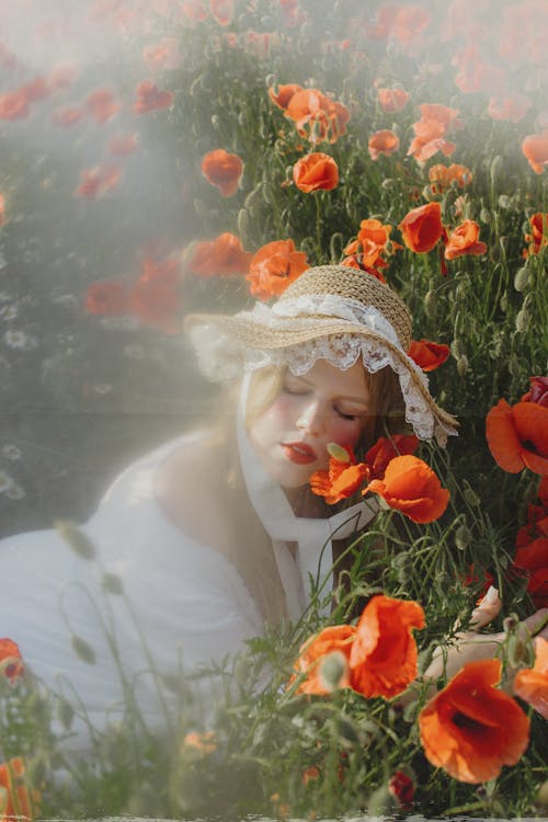 꽃밭, 눈을 감다, 밀짚 모자의 무료 스톡 사진