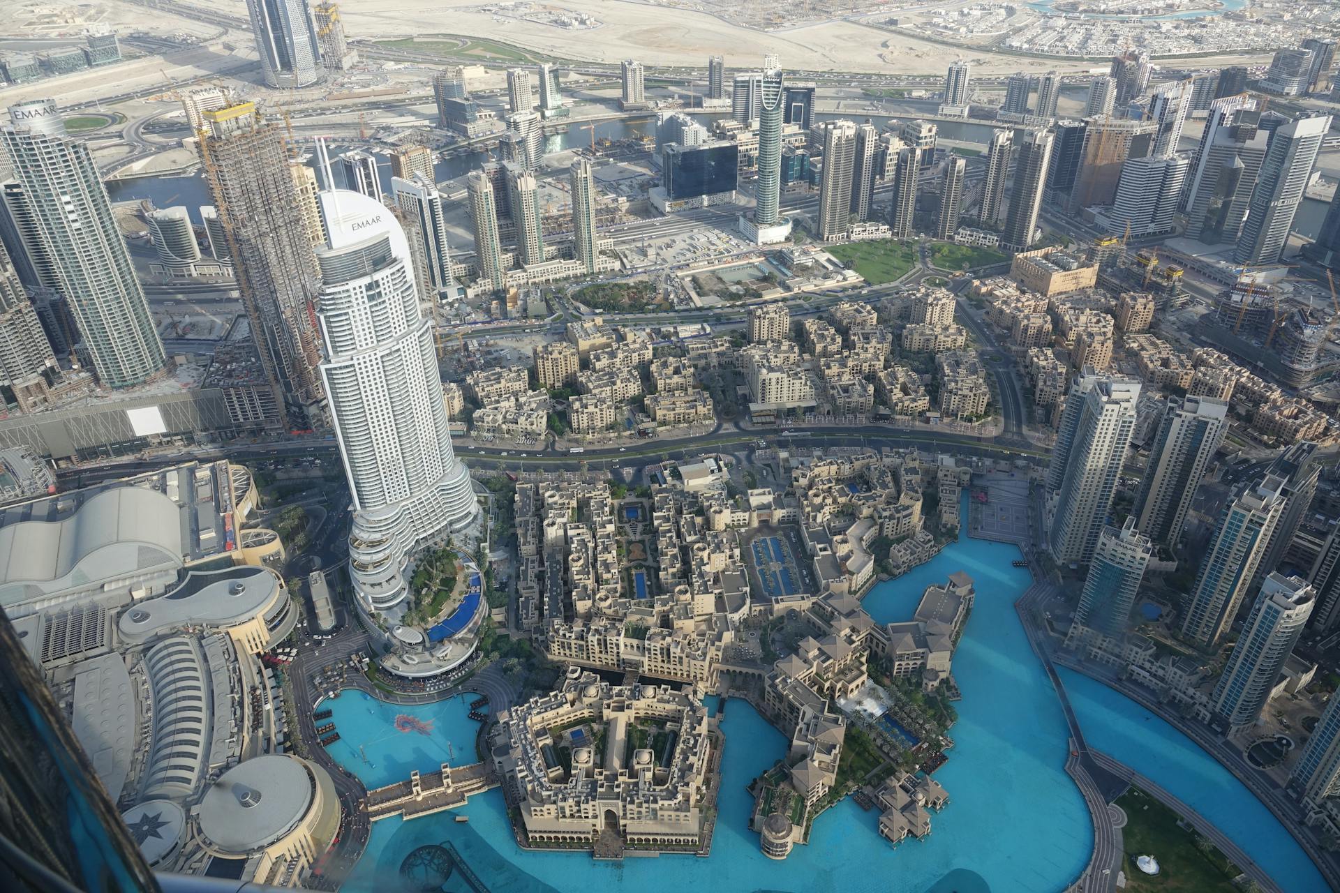 A breathtaking aerial view of Dubai's skyscrapers and water features highlighting urban architecture.